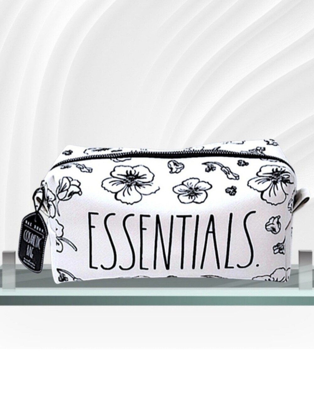 Rae Dunn White and Black "ESSENTIALS" Floral Cosmetic Bag